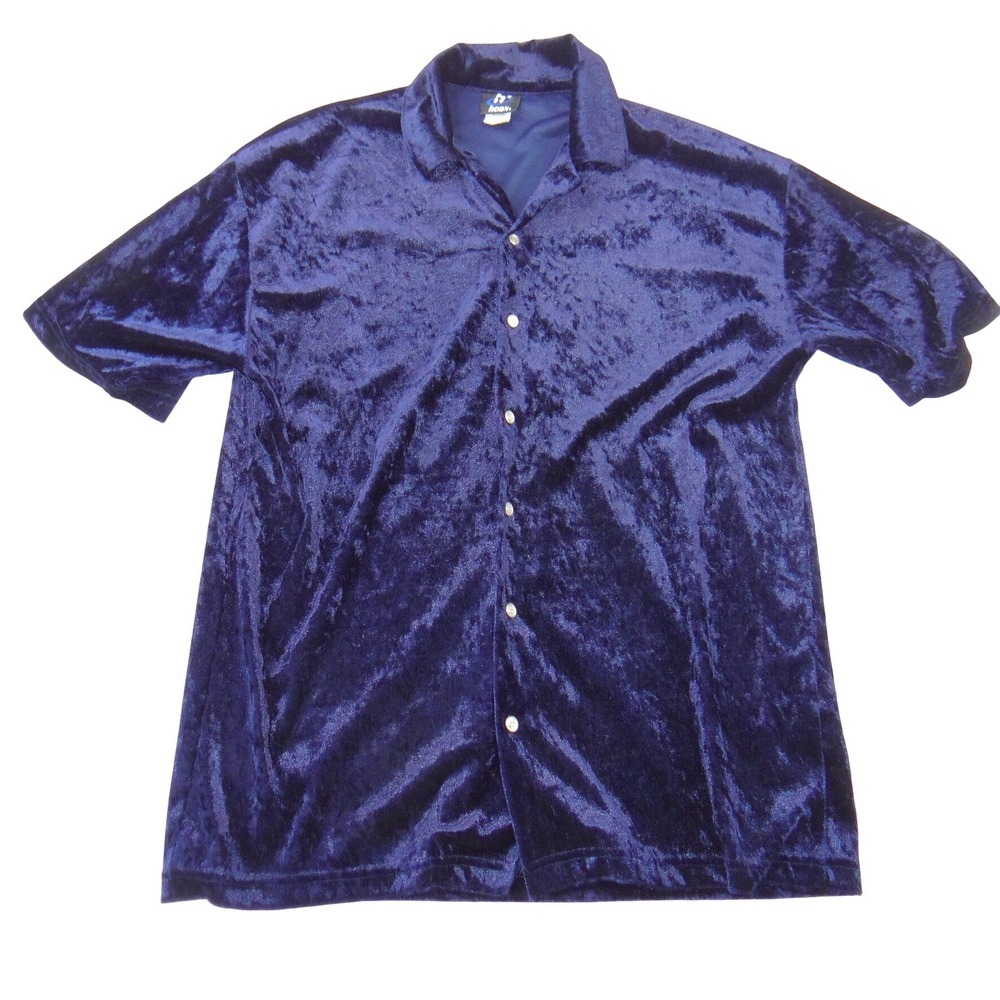 Hoax Vintage Navy Blue Crushed Velvet Button Down‎ Shirt Short Sleeve Medium
